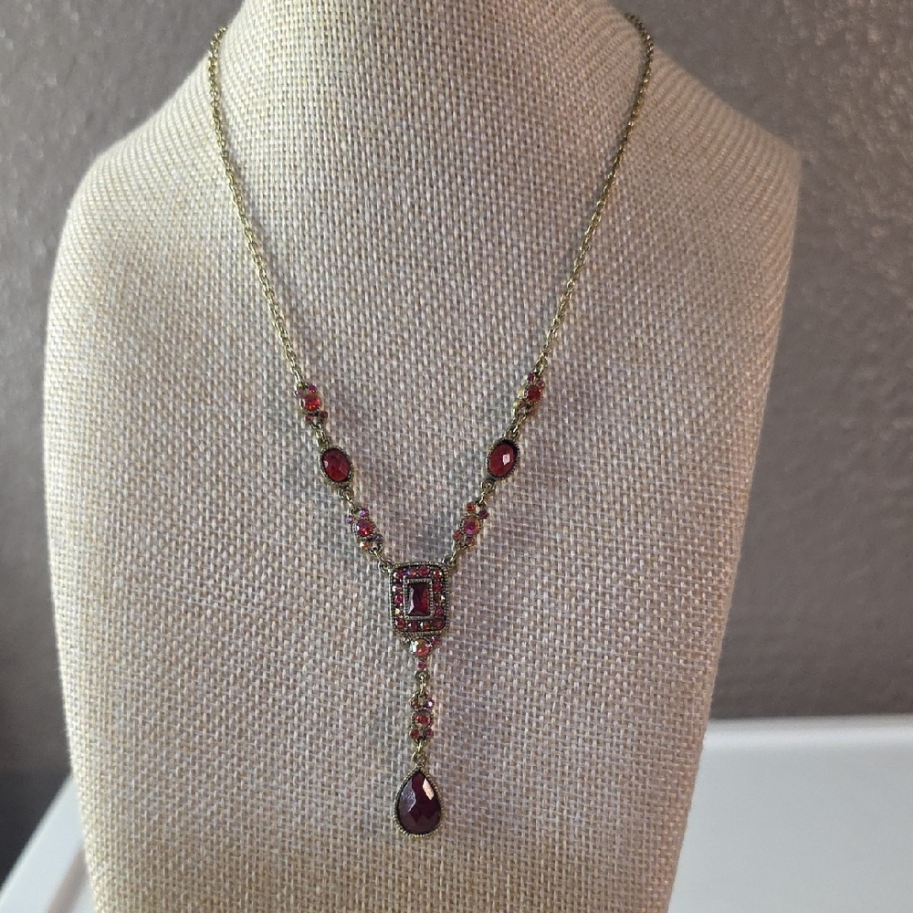 Vintage Avon Silver Plated Red and Gold Y Drop Necklace